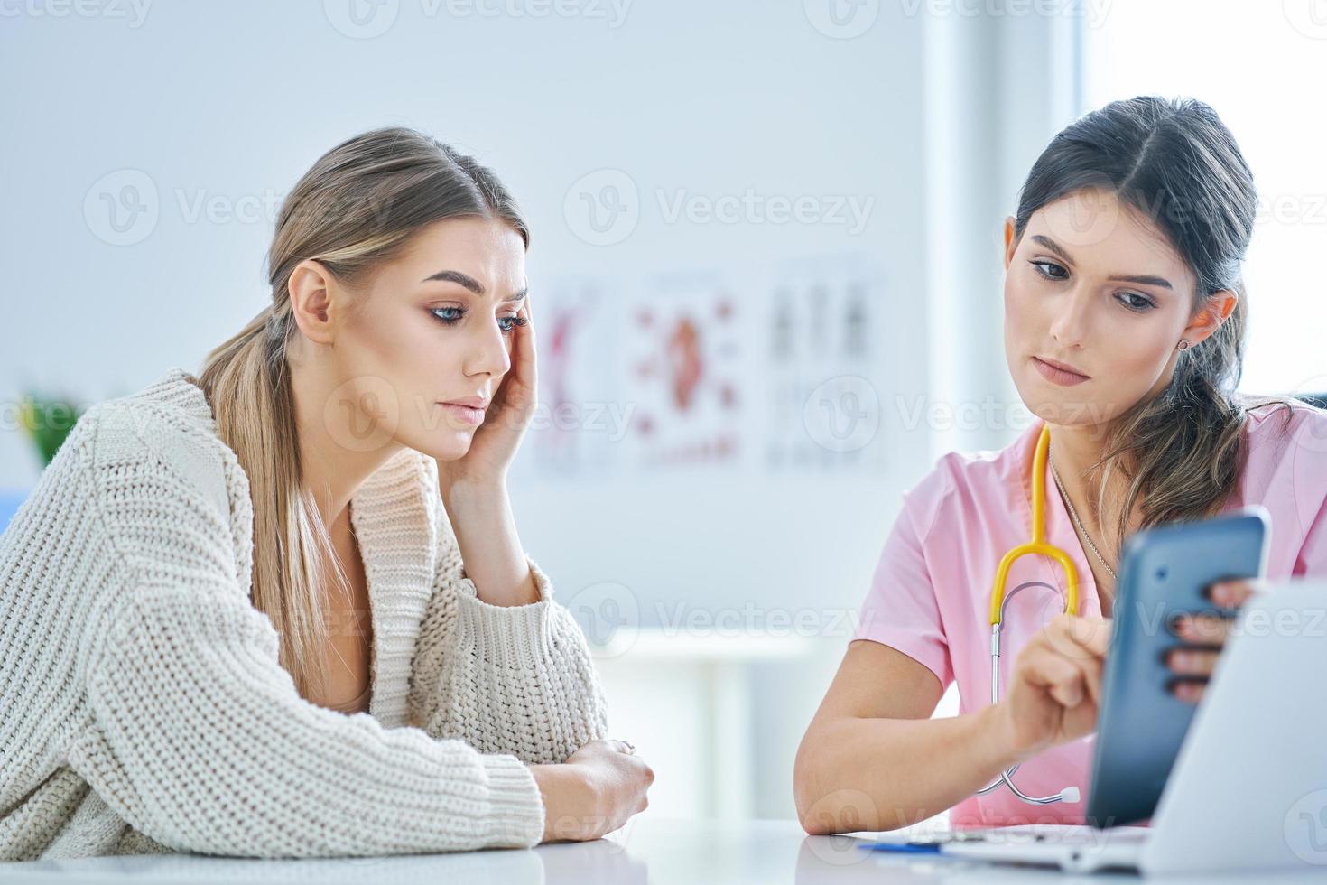 Doctor explaining diagnosis to her female patient photo