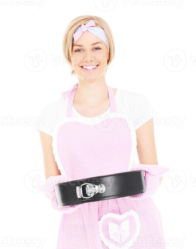 Woman presenting cake photo