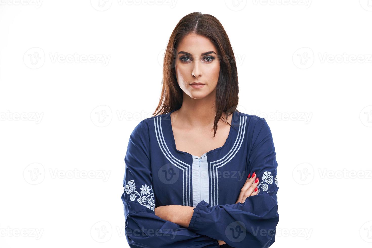 Muslim woman with no hijab over white background photo