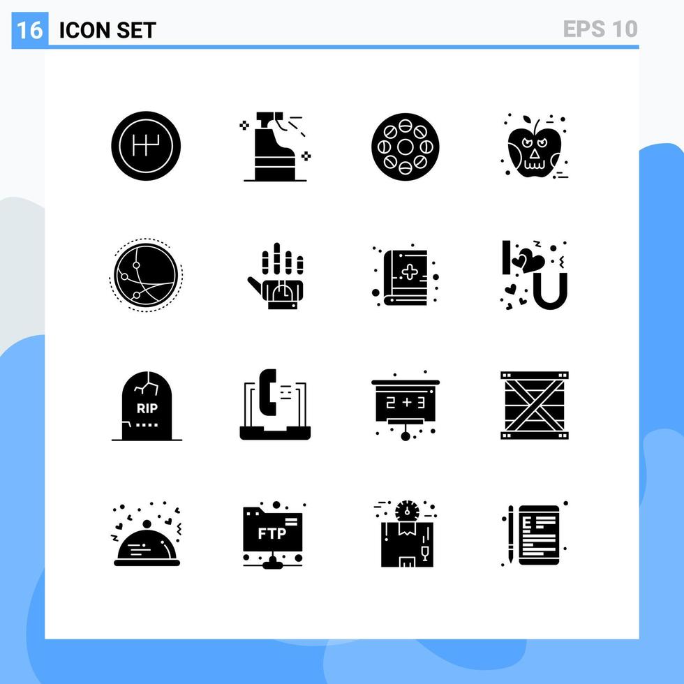 conjunto de 16 glifos sólidos vectoriales en la cuadrícula para el rollo de comunicación de Internet en todo el mundo elementos de diseño de vectores editables de veneno