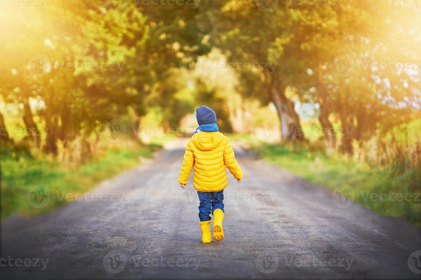 Happy child boy playing outside in autumn photo