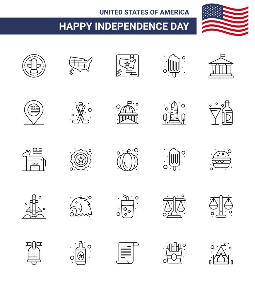 Set of 25 Modern Lines pack on USA Independence Day flag ice cream american food cold Editable USA Day Vector Design Elements