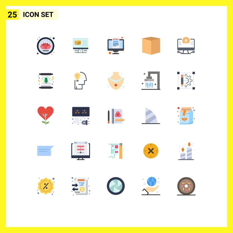 Flat Color Pack of 25 Universal Symbols of monitor e monitor delivery box Editable Vector Design Elements