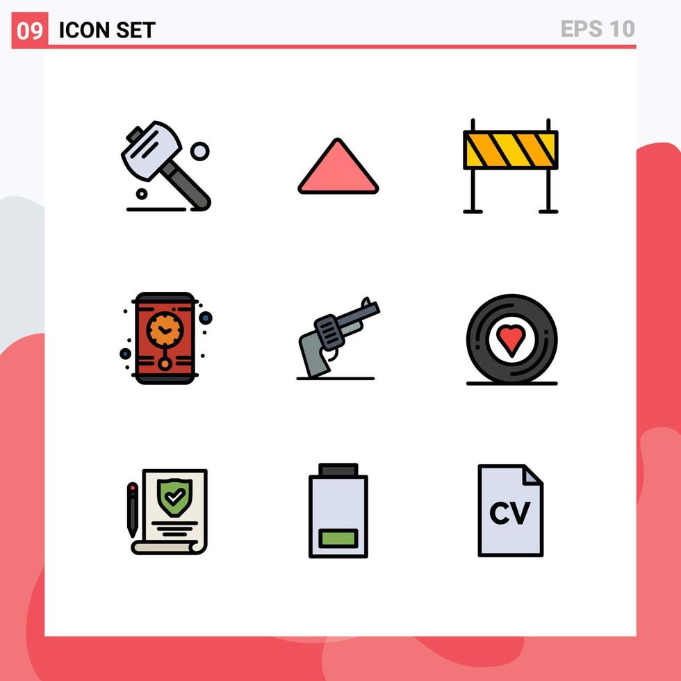 Set of 9 Modern UI Icons Symbols Signs for weapon gun buildings wall clock clock Editable Vector Design Elements