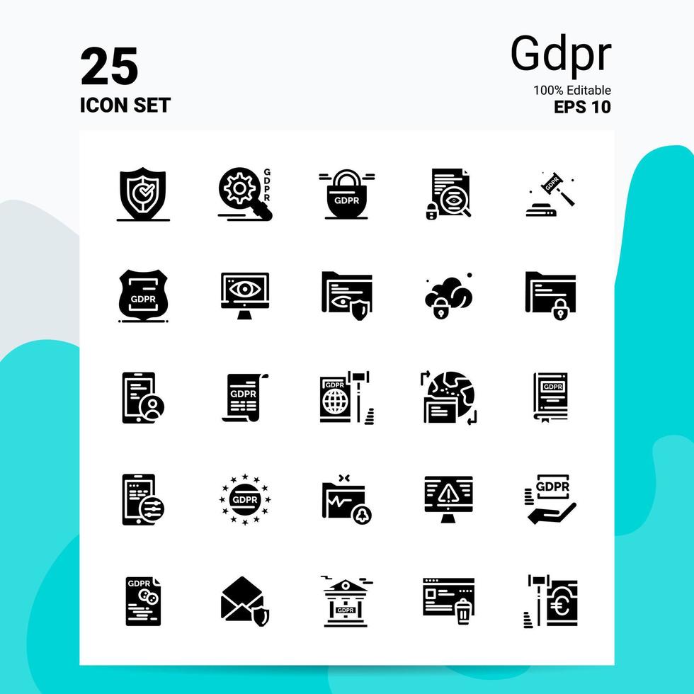 25 GDPR Icon Set 100 Editable EPS 10 Files Business Logo Concept Ideas Solid Glyph icon design vector