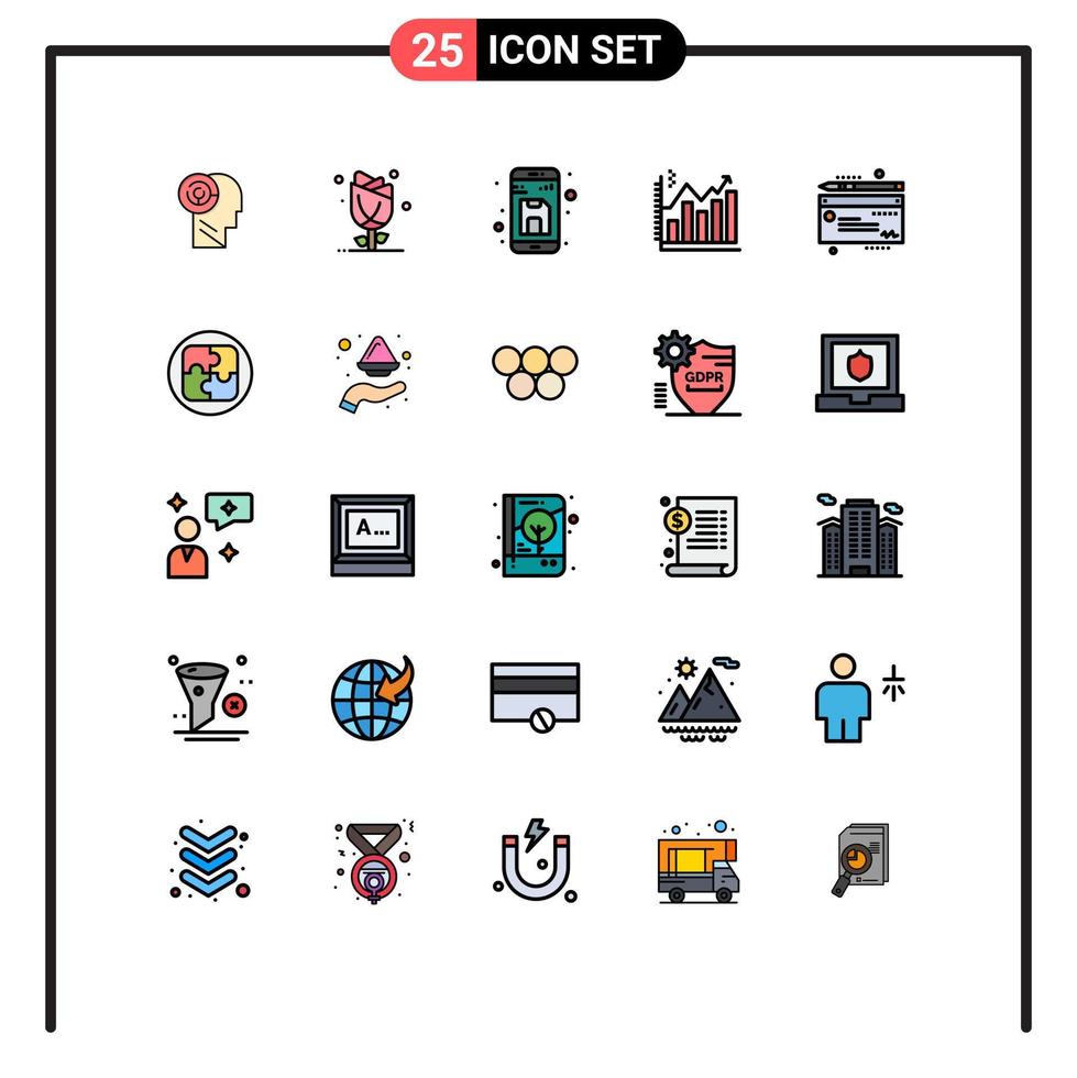 Group of 25 Modern Filled line Flat Colors Set for chart analytics rose analysis storage Editable Vector Design Elements