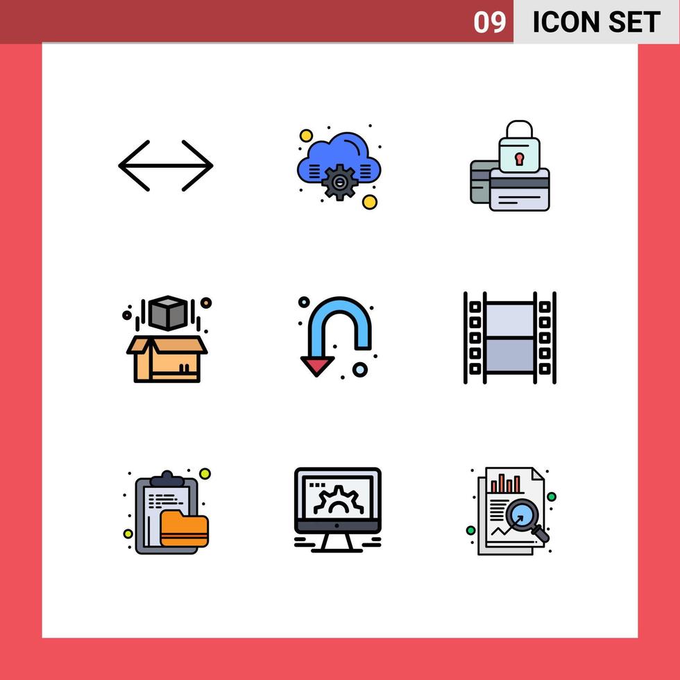 Mobile Interface Filledline Flat Color Set of 9 Pictograms of sign printing card model security Editable Vector Design Elements