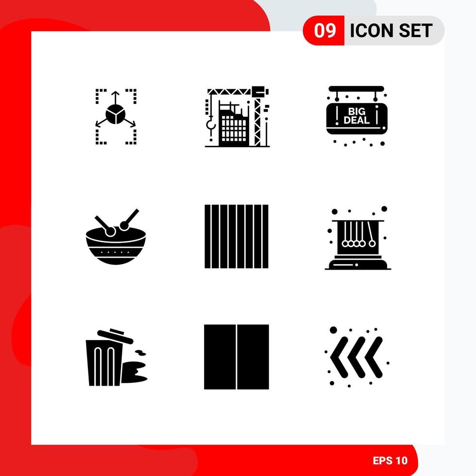 Pack of 9 Modern Solid Glyphs Signs and Symbols for Web Print Media such as noodles parade machine irish drum Editable Vector Design Elements