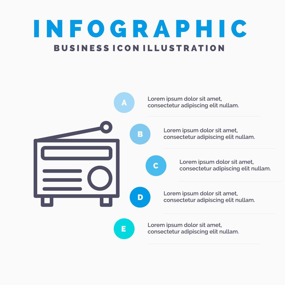 icono de línea de medios de audio de radio fm con fondo de infografía de presentación de 5 pasos vector