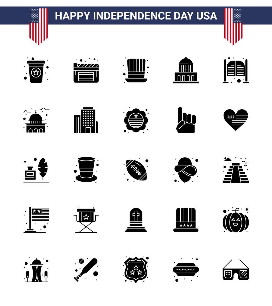 Happy Independence Day USA Pack of 25 Creative Solid Glyph of day doors presidents bar landmark Editable USA Day Vector Design Elements