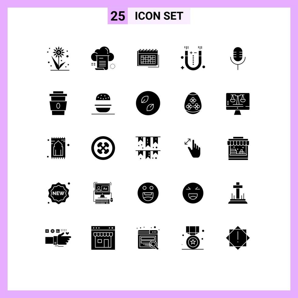 User Interface Pack of 25 Basic Solid Glyphs of magnet timetable computing schedule event Editable Vector Design Elements