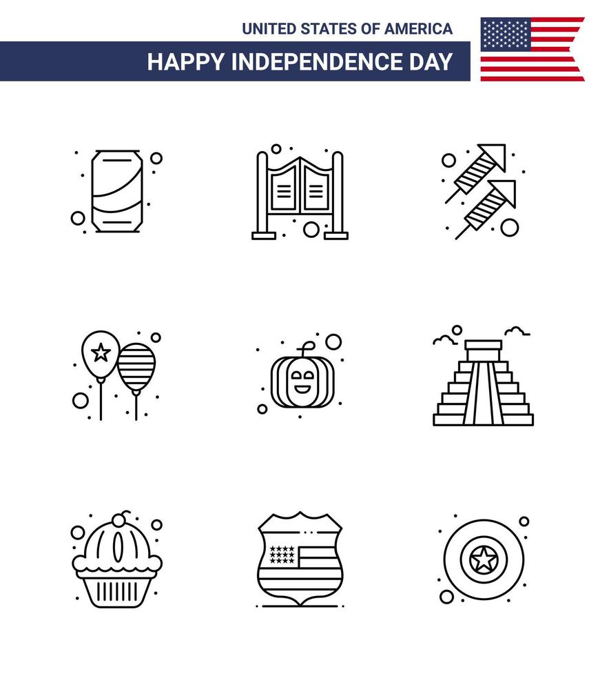 Big Pack of 9 USA Happy Independence Day USA Vector Lines and Editable Symbols of american party celebration day balloons Editable USA Day Vector Design Elements