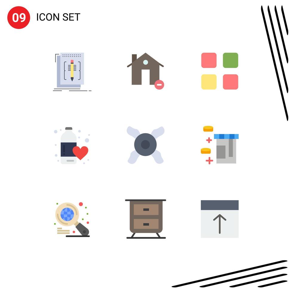 Pack of 9 Modern Flat Colors Signs and Symbols for Web Print Media such as water fitness health house diet education Editable Vector Design Elements