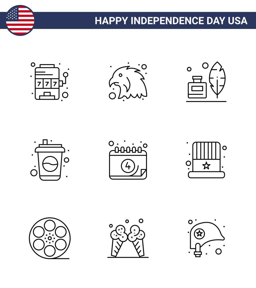 Modern Set of 9 Lines and symbols on USA Independence Day such as date american feather soda cola Editable USA Day Vector Design Elements