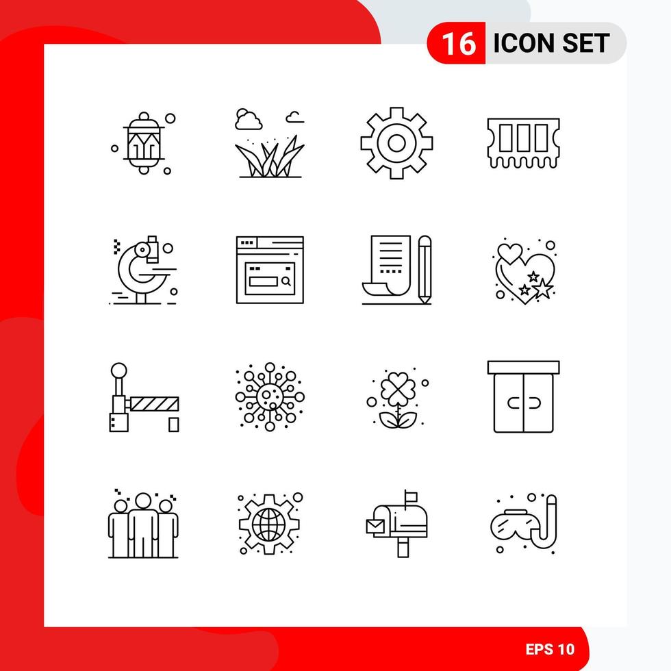 Universal Icon Symbols Group of 16 Modern Outlines of page research spring microscope ram Editable Vector Design Elements
