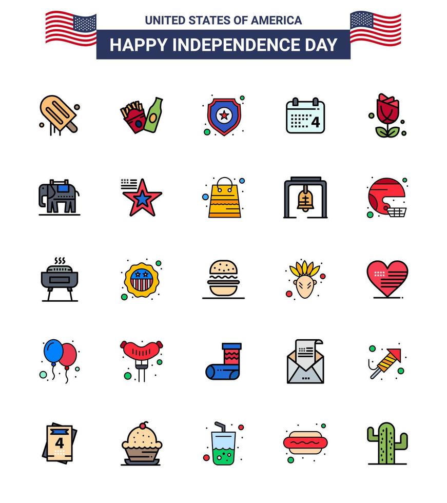 Flat Filled Line Pack of 25 USA Independence Day Symbols of usa flower police american day Editable USA Day Vector Design Elements