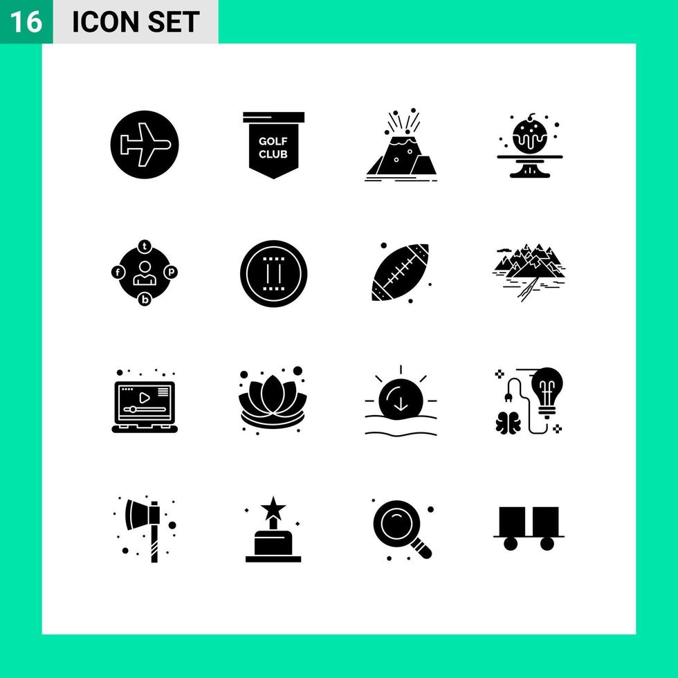 Modern Set of 16 Solid Glyphs and symbols such as cake sweet sport safety volcano Editable Vector Design Elements