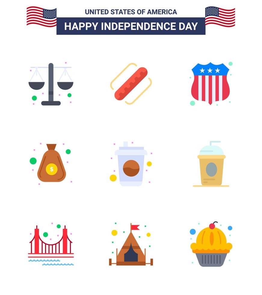 9 señales planas para el día de la independencia de EE. UU. Insignia de botella de bebida Dinero en efectivo Elementos de diseño de vector de día de EE. UU. editables