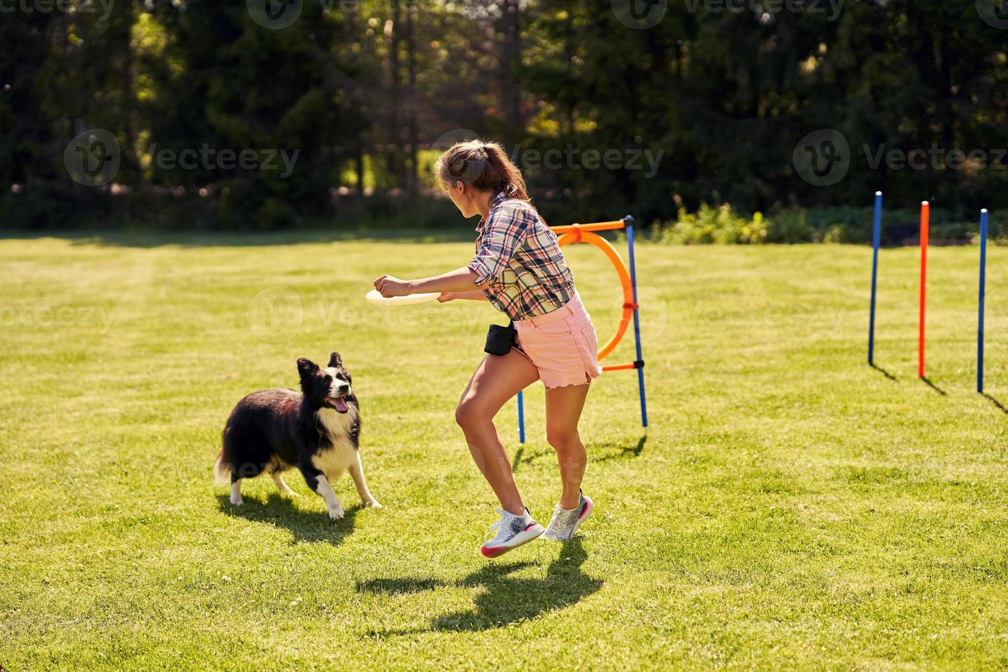 perro border collie y una mujer en un campo de agilidad foto