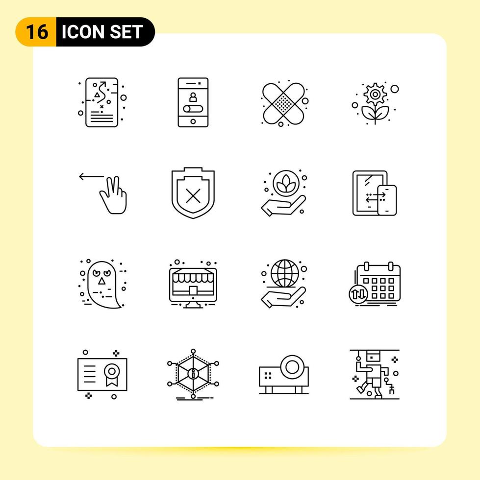 Universal Icon Symbols Group of 16 Modern Outlines of fingers plant smartphone sustainable first aid Editable Vector Design Elements