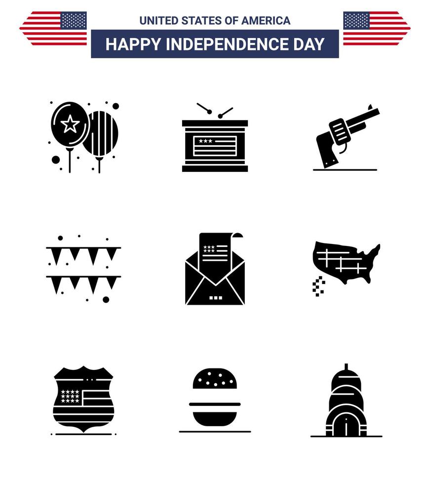 Set of 9 Vector Solid Glyphs on 4th July USA Independence Day such as greeting email gun paper festival Editable USA Day Vector Design Elements