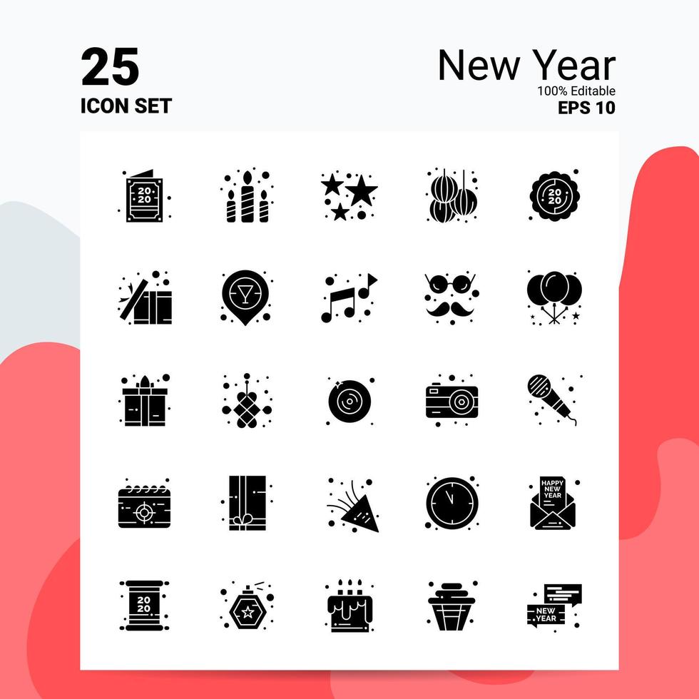 25 New Year Icon Set 100 Editable EPS 10 Files Business Logo Concept Ideas Solid Glyph icon design vector