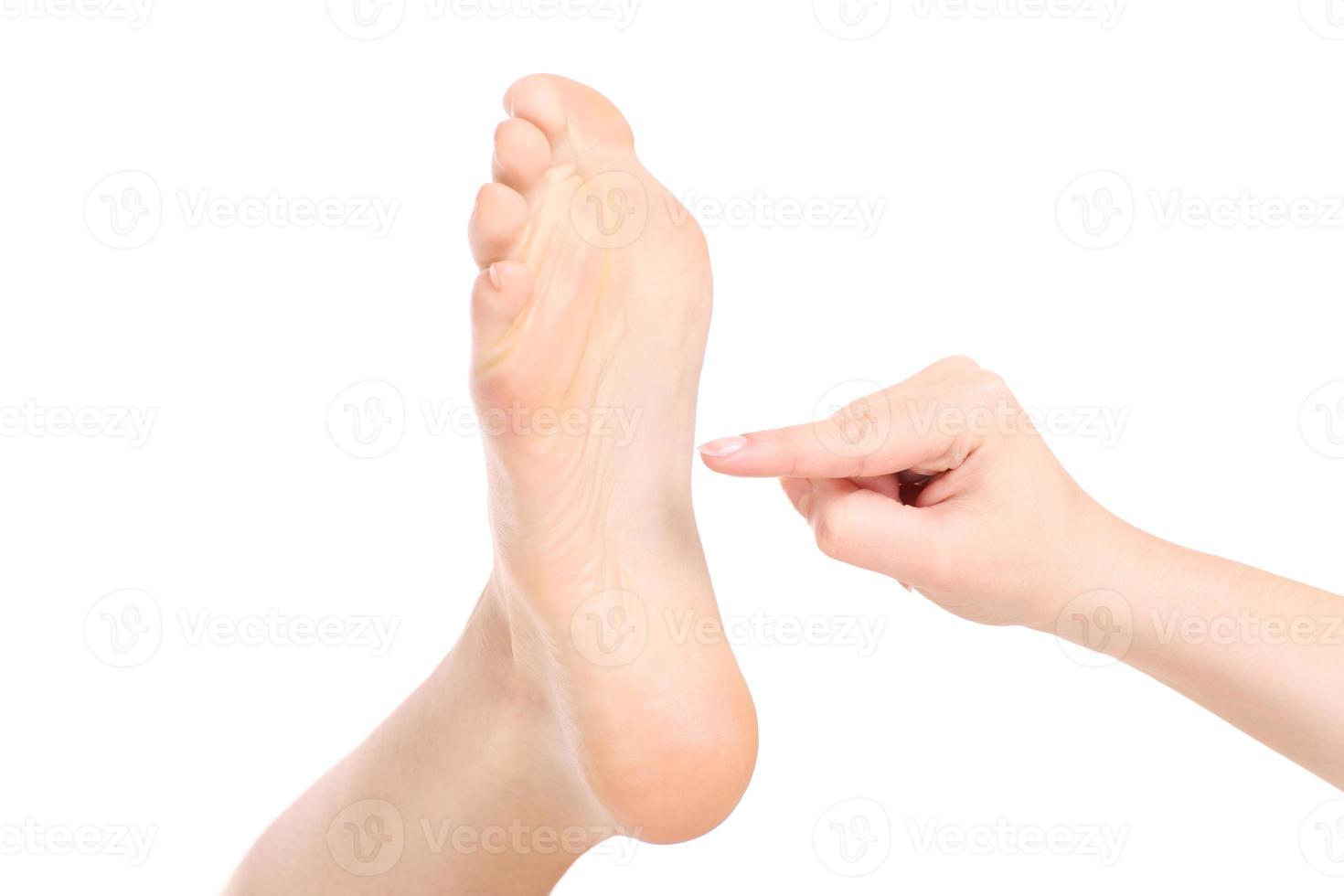 Foot tickling on white background photo