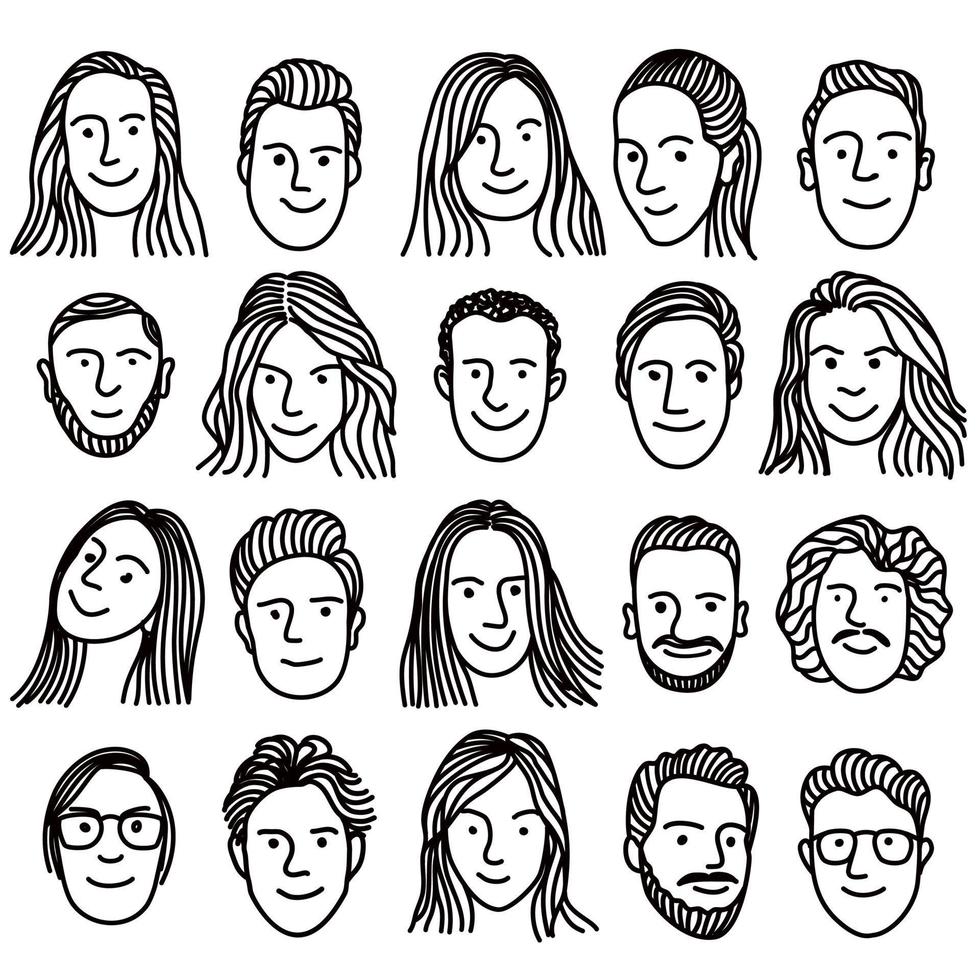 set of Hand drawn line happy people faces  of different genders, Design element for icon, logo, poster, card, banner, emblem, t shirt. Vector illustration