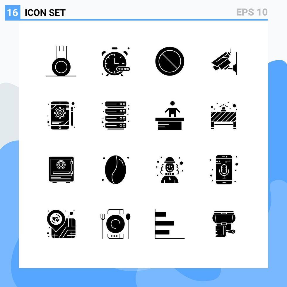 Editable Vector Line Pack of 16 Simple Solid Glyphs of gear app ban surveillance cctv Editable Vector Design Elements