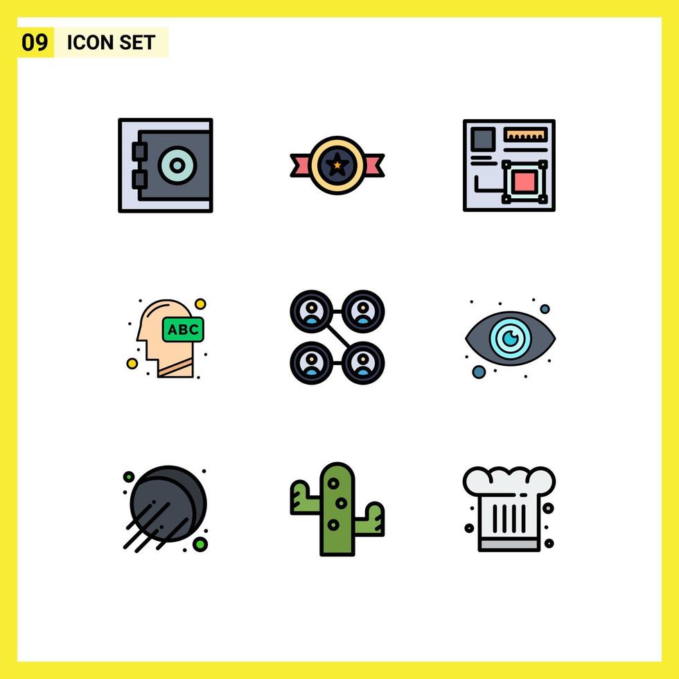 Group of 9 Modern Filledline Flat Colors Set for connections knowledge browser human education Editable Vector Design Elements