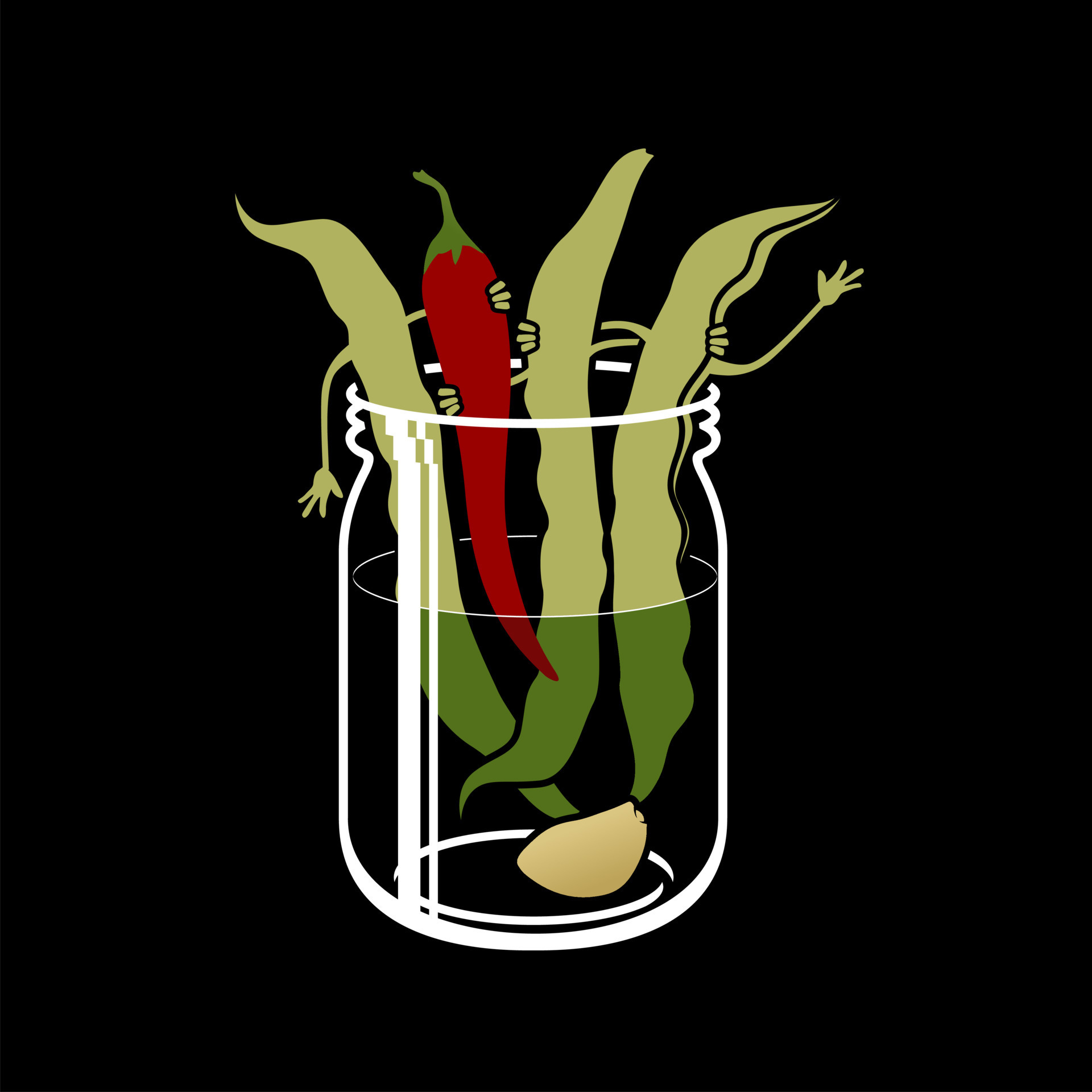 Funny characters bean, chili pepper and garlic on glass. Best friends