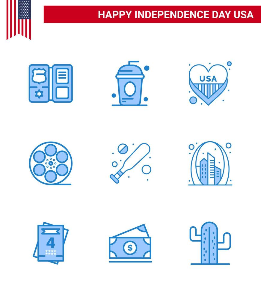 Pack of 9 creative USA Independence Day related Blues of baseball video independece play usa Editable USA Day Vector Design Elements