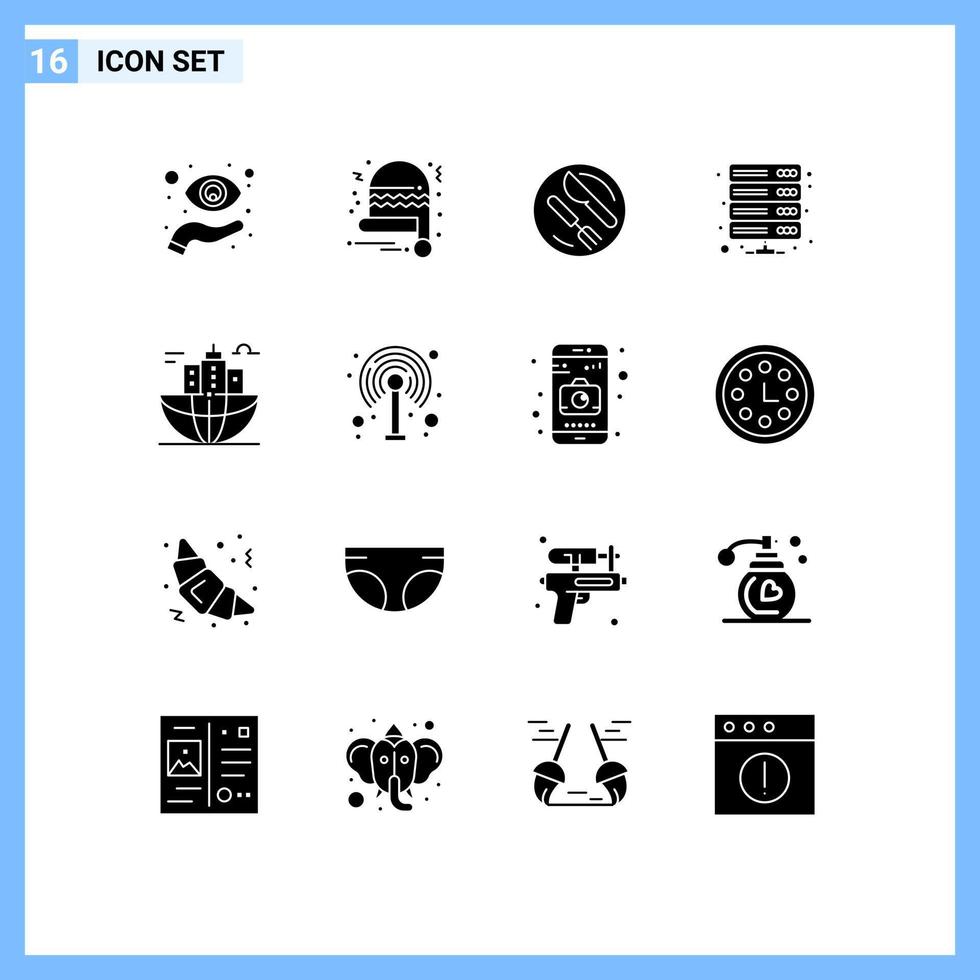 Set of 16 Commercial Solid Glyphs pack for building storage lunch server data Editable Vector Design Elements