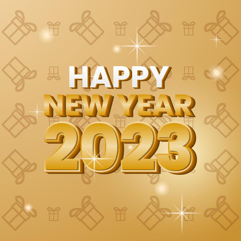 happy new year 2023 with  3d text effect, gold background and giftbox pattern. simple and elegant concept. use for greeting card and social media vector