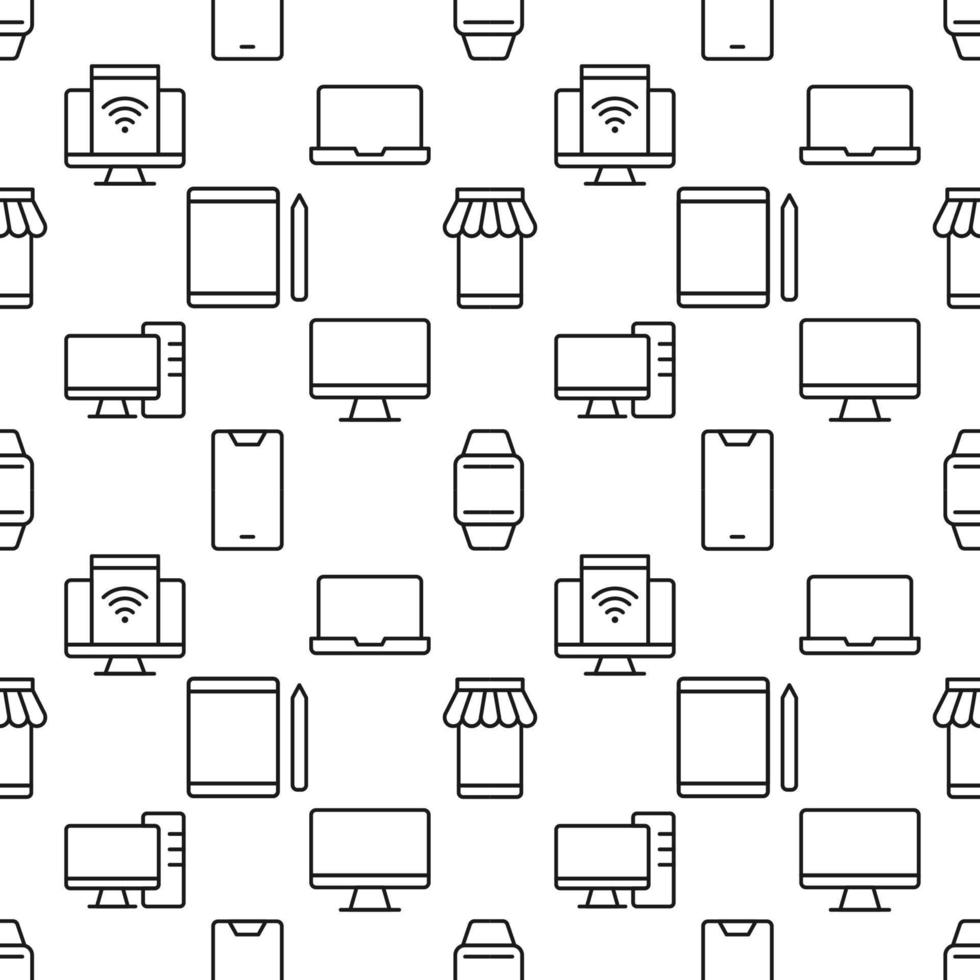 Seamless vector pattern of computer, smartphone, watch, laptop, tablet. Suitable for web sites, apps, covers, wrapping