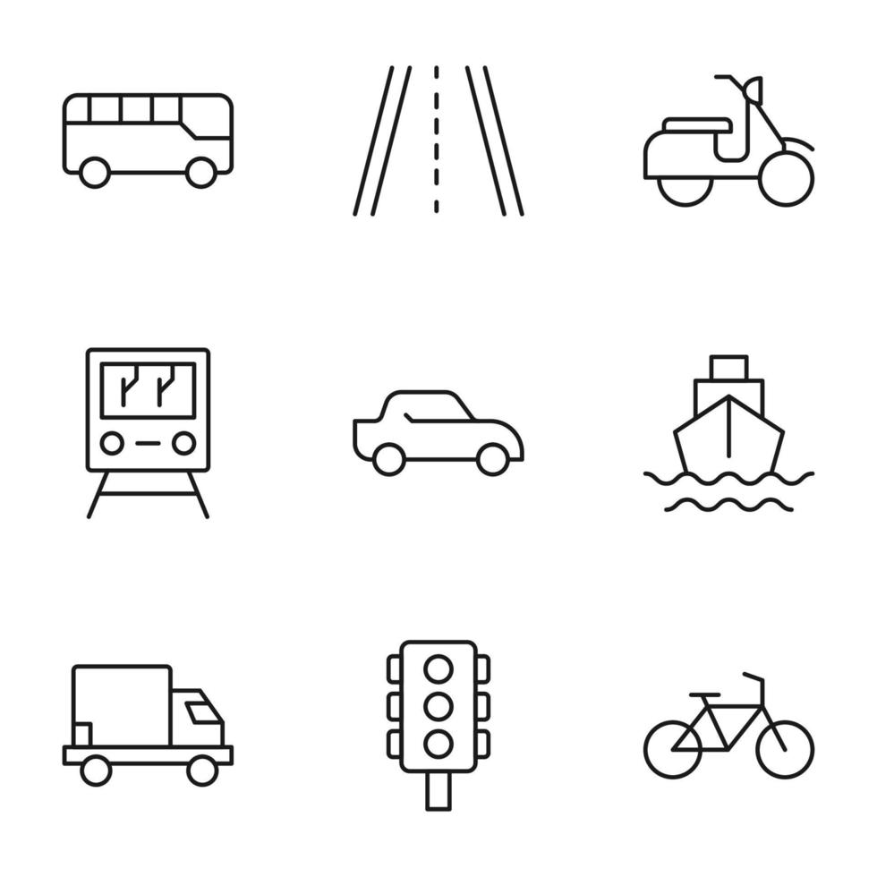 colección de iconos de nueve líneas de autobús, carretera, ciclomotor, tren, coche, barco, furgoneta, carga, semáforos, bicicleta para tiendas, tiendas, anuncios, aplicaciones, ui. trazos editables minimalistas vector