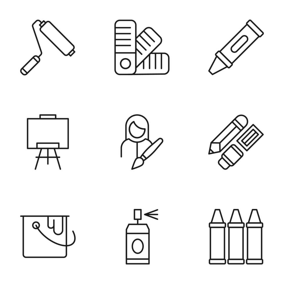 Collection of nine line icons of paint roller, dye roller, pen, easel, bucket, spray for shops, stores, adverts, apps, ui. Minimalistic editable strokes vector