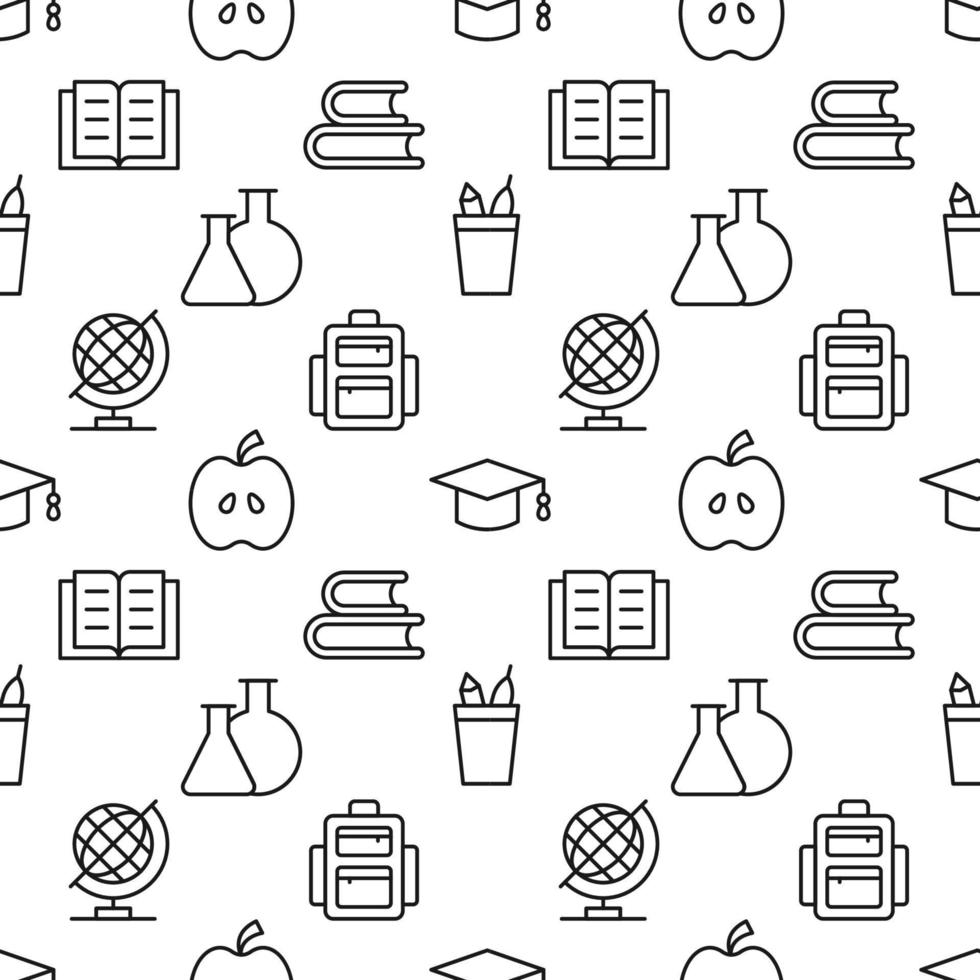 Seamless vector pattern of books, school supplies, laboratory bulbs, apple, globe, backpack. Suitable for web sites, apps, covers, wrapping