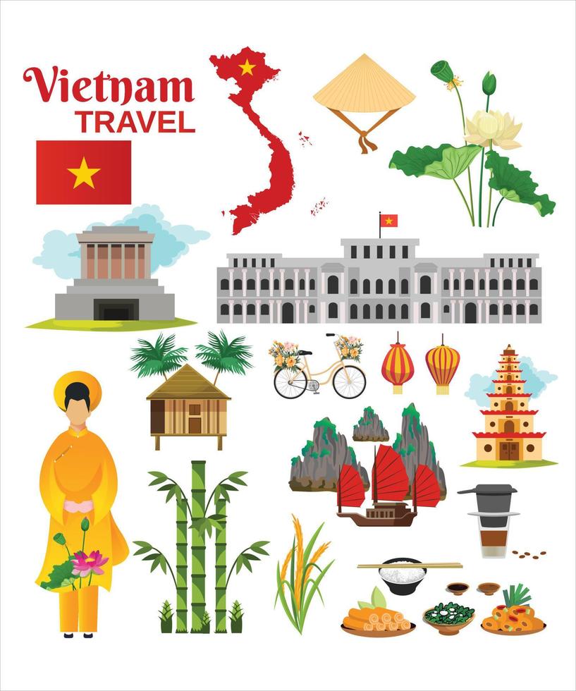 Travel to Vietnam. Set of traditional Vietnamese cultural symbols. Vietnamese landmarks and lifestyle of Vietnamese people vector