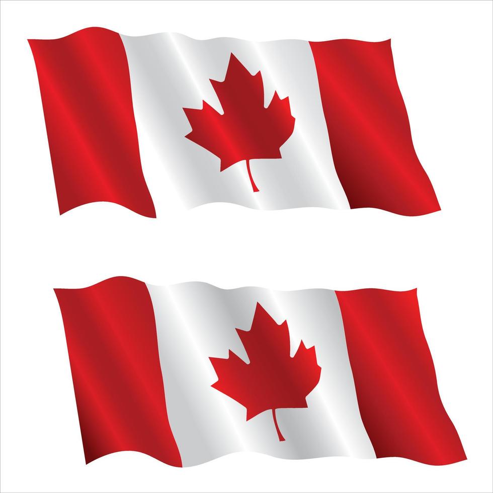 twin Canada flags. Realistic waving national flag on pole, table flag and different shapes badges. vector