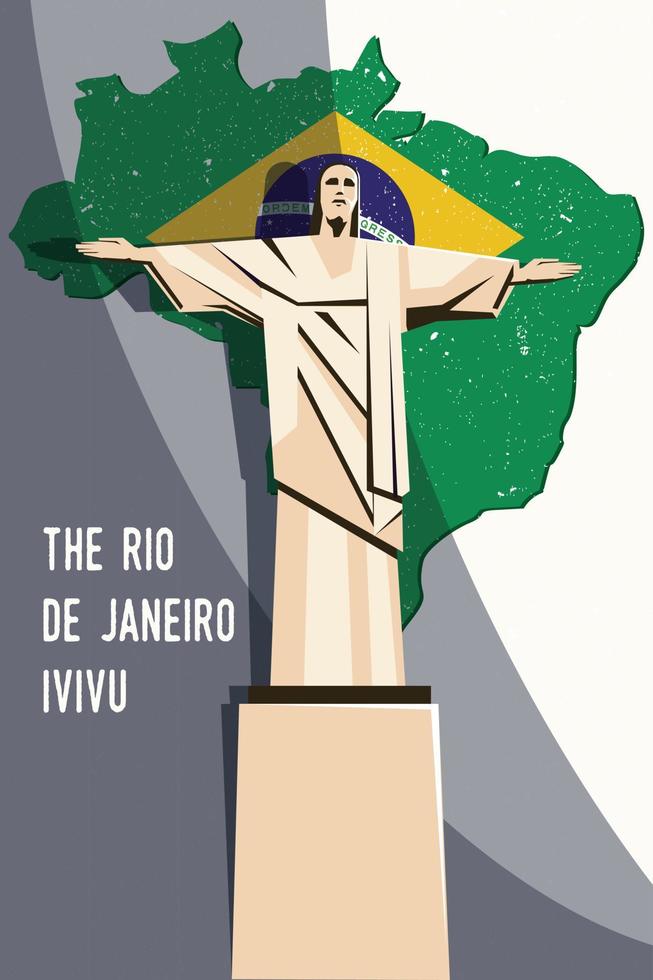 Brazil , January 3, 2022. Christ the Redeemer Statue of the Brazilian city Rio de Janeiro as vector illustration with the national flag of Brazil