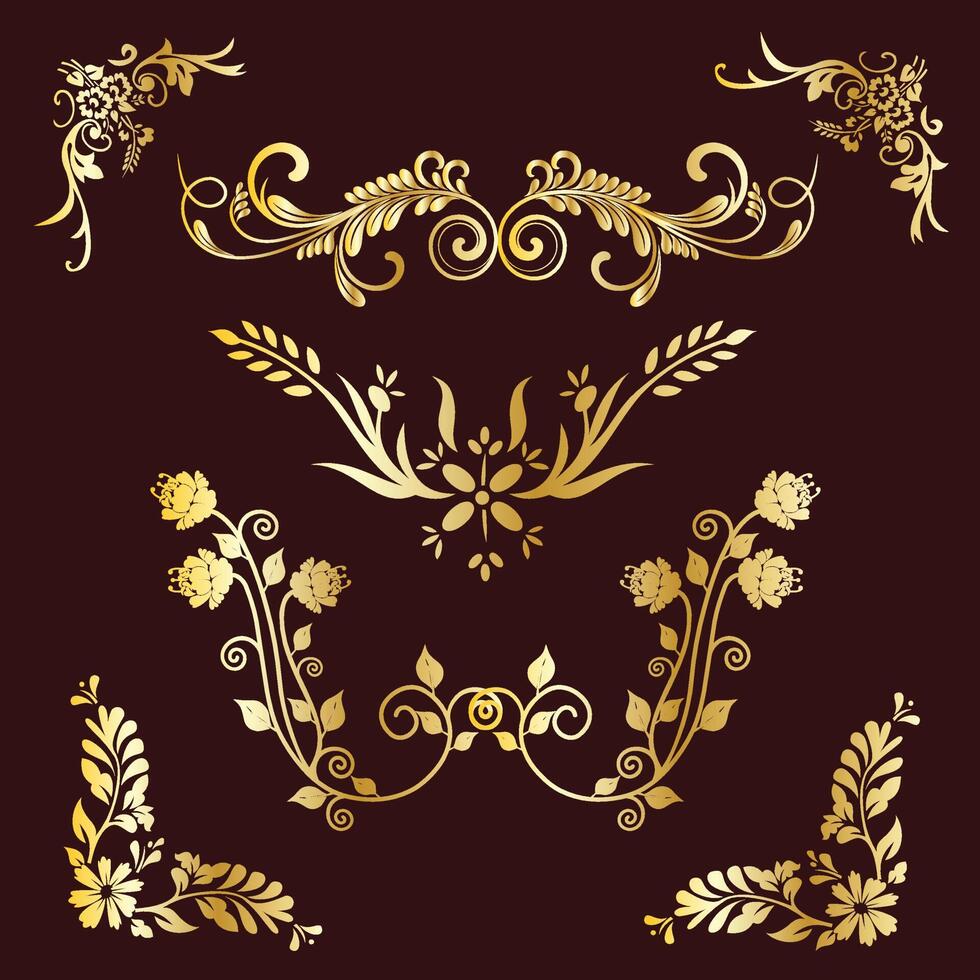 floral oro espiral vector plantas diseños bordes ornamentales brillo