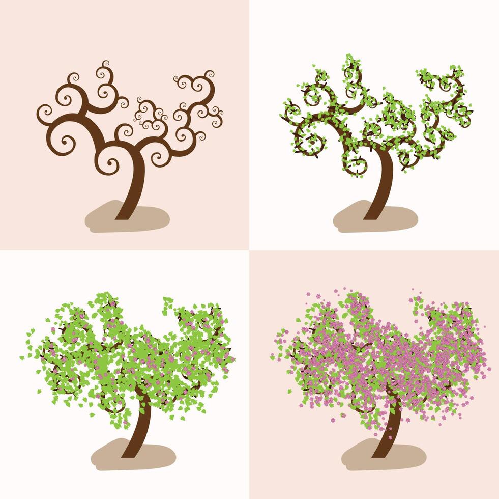 cuatro estaciones flores otoño primavera árbol flores ciclo de vida ilustración vectorial vector