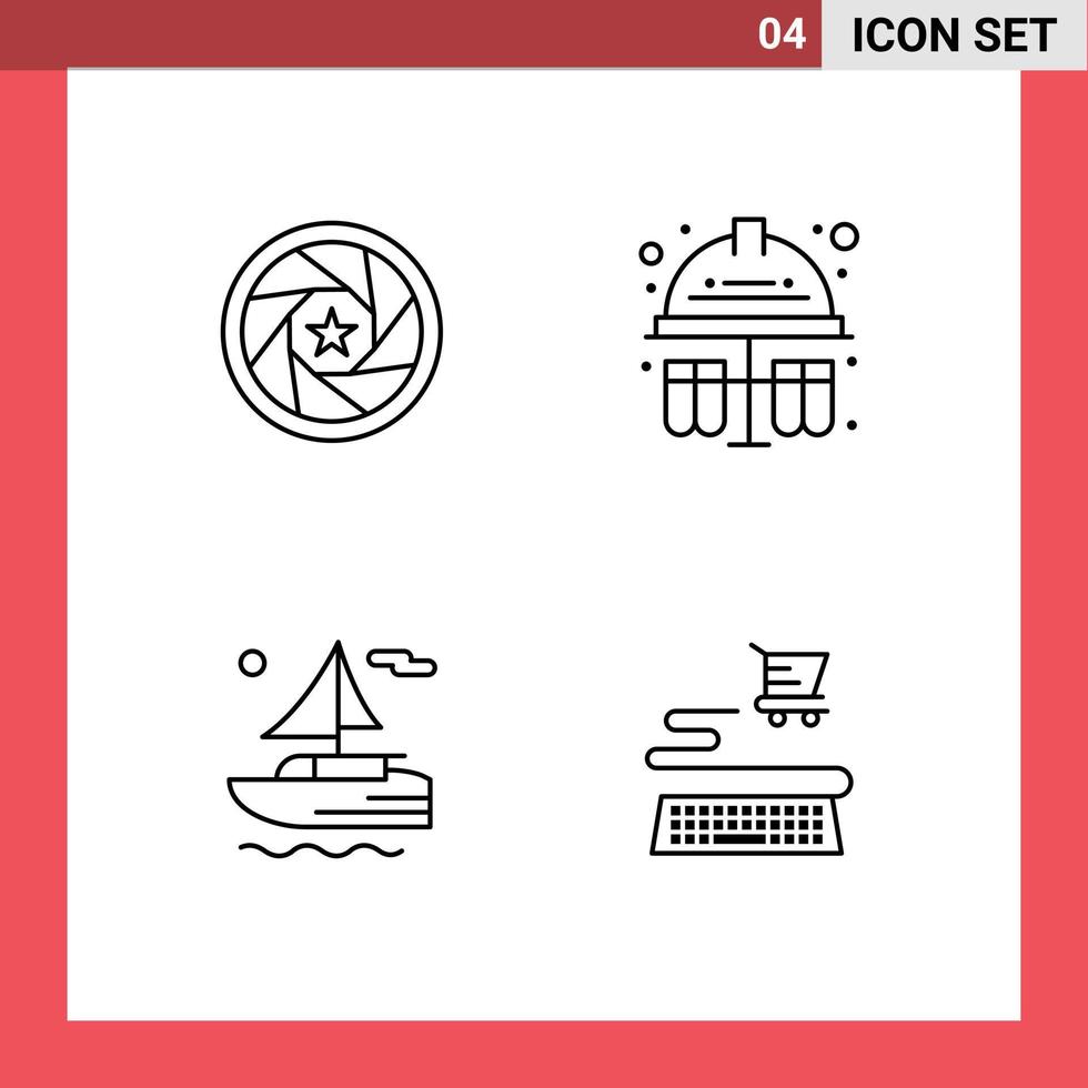 4 Creative Icons Modern Signs and Symbols of aperture boat movie test tubes transport Editable Vector Design Elements
