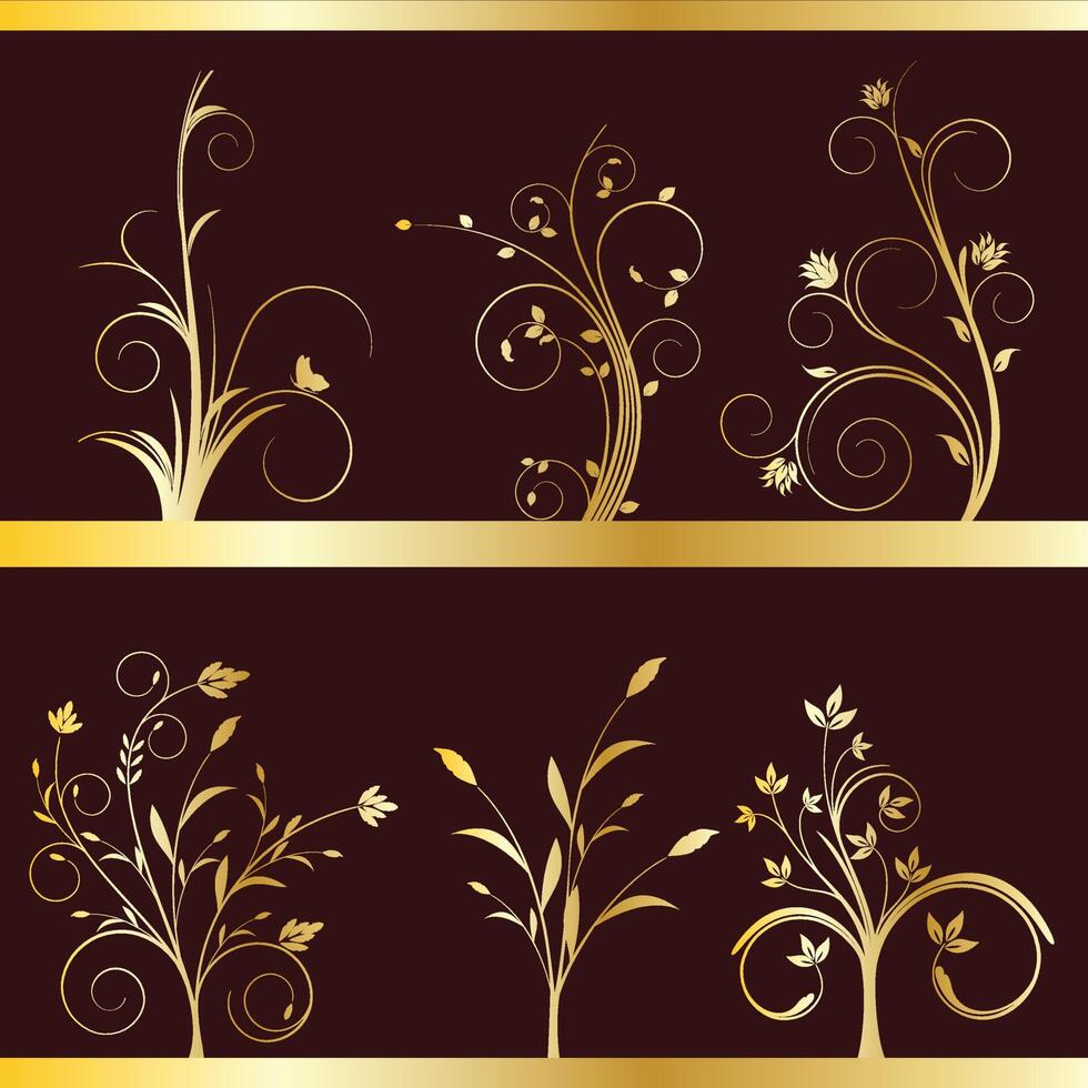 floral oro espiral vector plantas diseños bordes ornamentales brillo