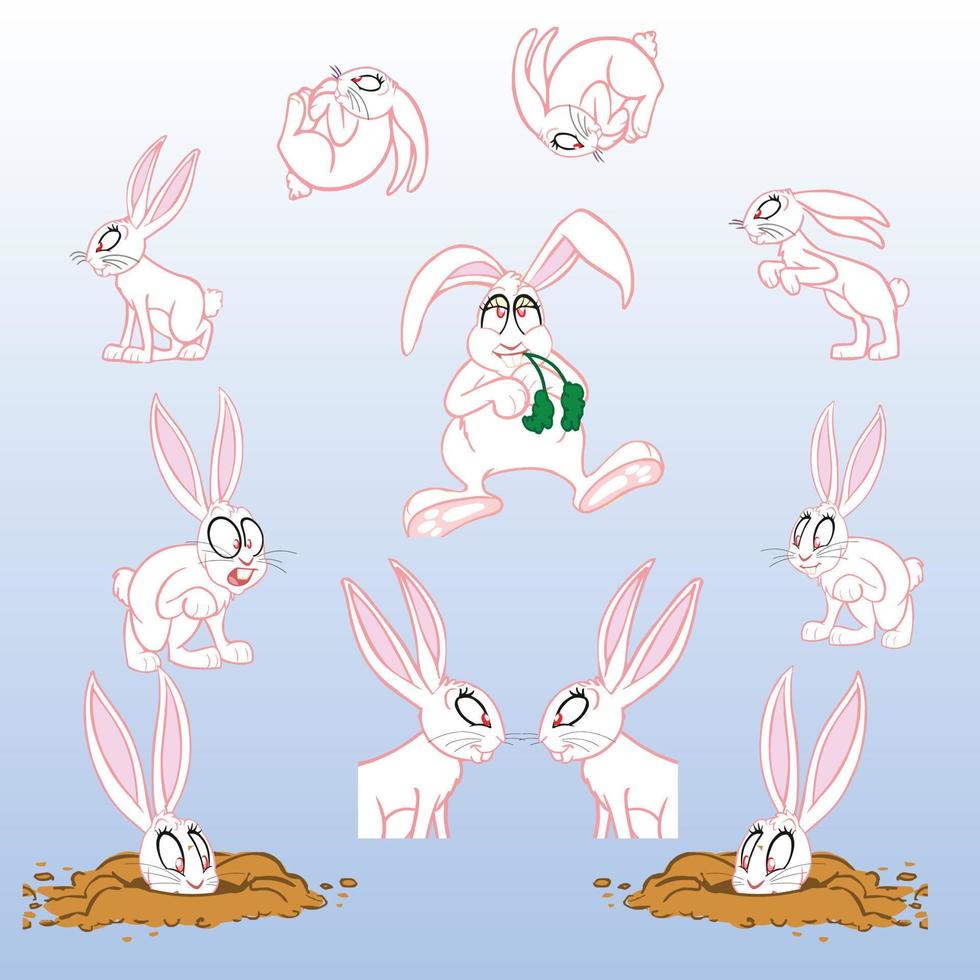 rabbit hole digging jumping rolling white pet ground cartoon illustration vector