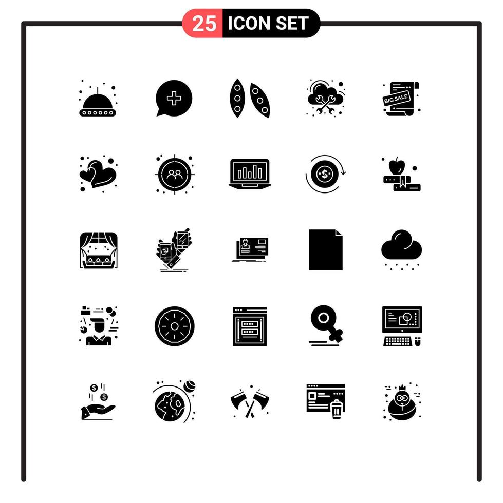 Pack of 25 creative Solid Glyphs of promotional offer cloud cooking management database Editable Vector Design Elements