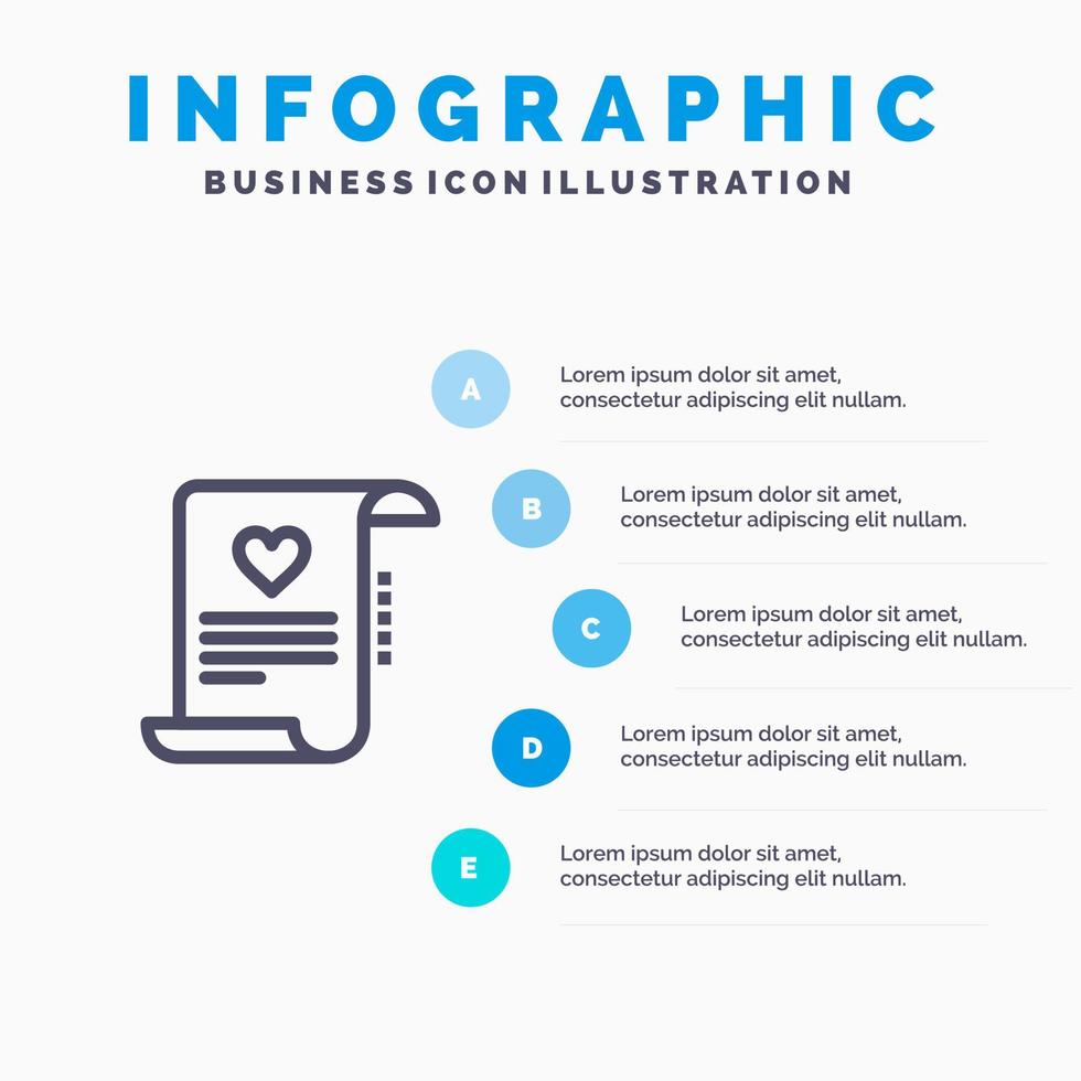 carta papel documento carta de amor matrimonio tarjeta línea icono con 5 pasos presentación infografía antecedentes vector