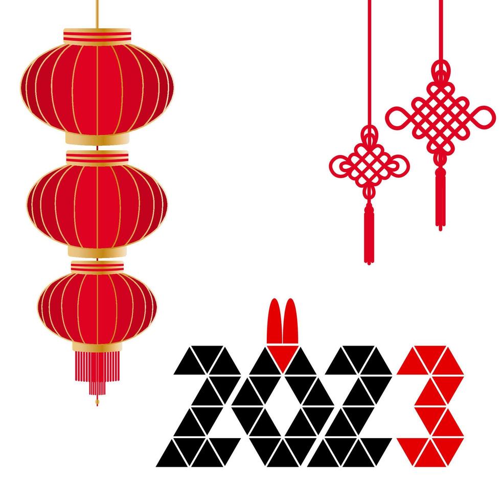 2023 chinese new year, year of the rabbit, date and rabbit ears, chinese lantern, chinese knot of happiness and good luck vector