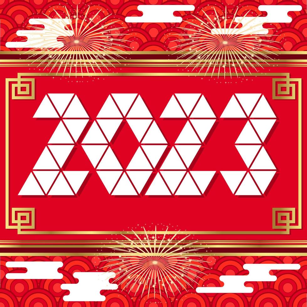 2023 Happy New Year Chinese New Year red gold background. Origami triangle year. vector